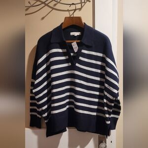 LOFT Navy and White Striped V-Neck Sweater Size Large NWT